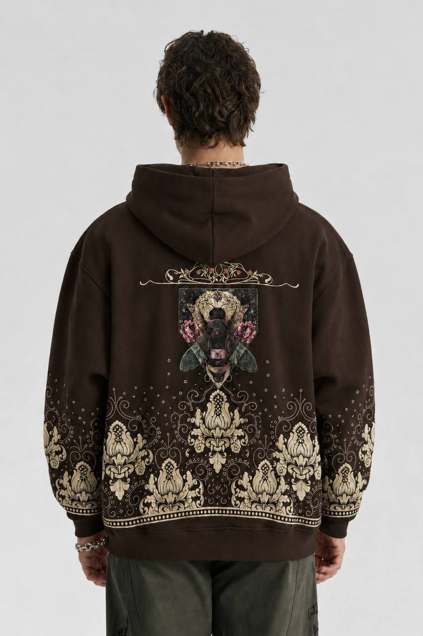 Bee Oversize Kesim Özel Tasarım Unisex Hoodie - Kahverengi
