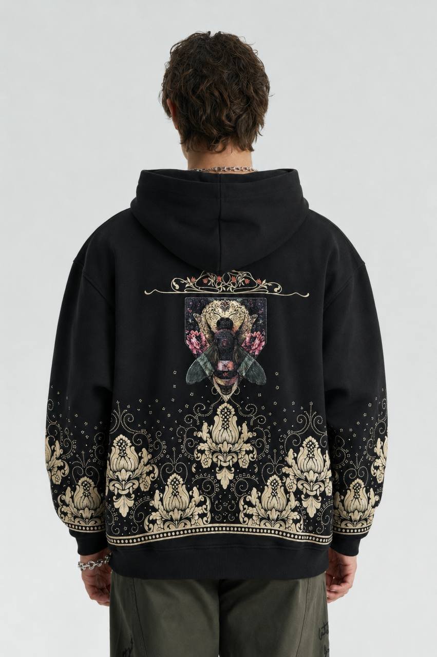 Bee Oversize Kesim Özel Tasarım Unisex Hoodie - Siyah