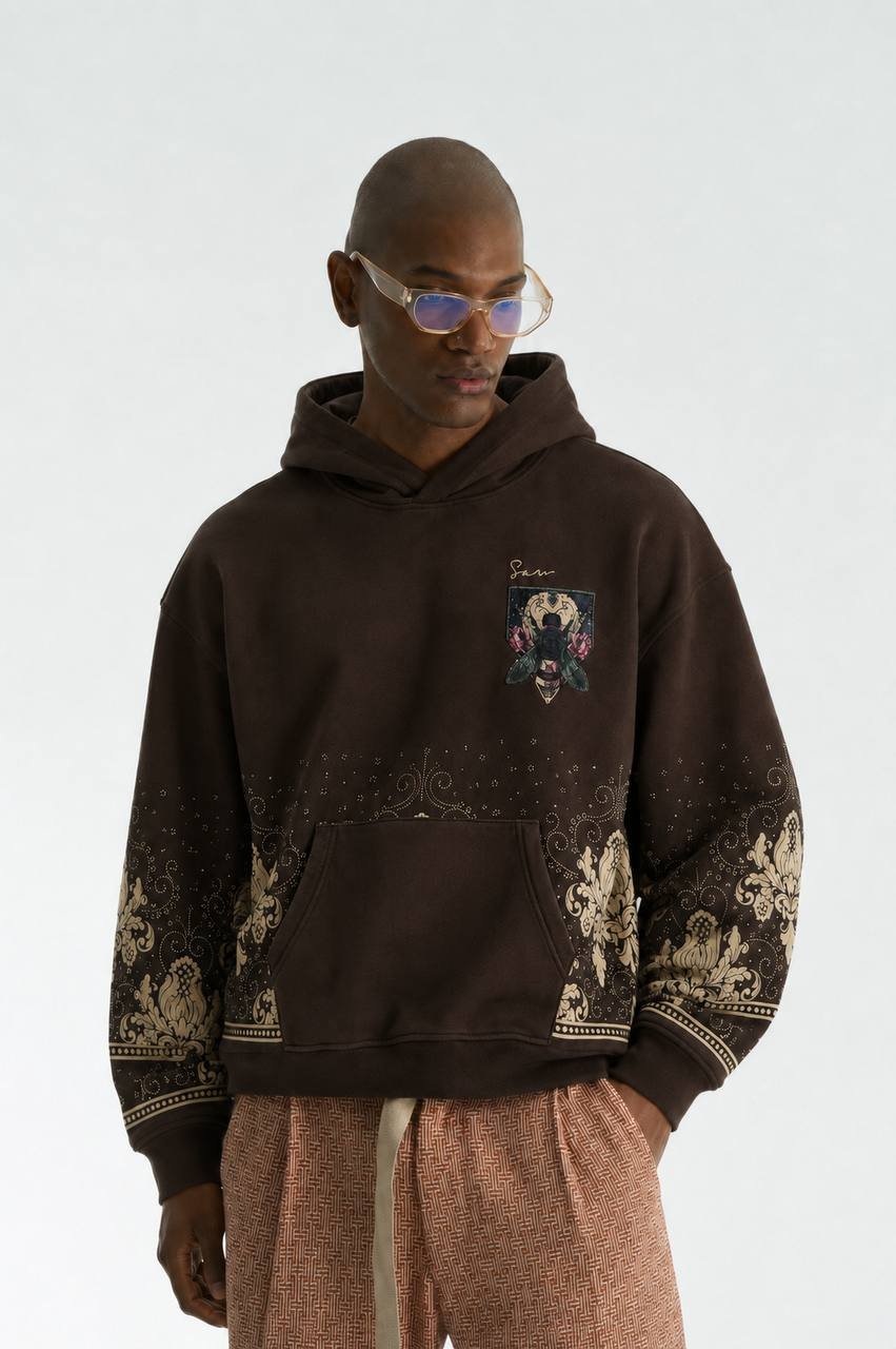 Bee Oversize Kesim Özel Tasarım Unisex Hoodie - Kahverengi - Görsel 2