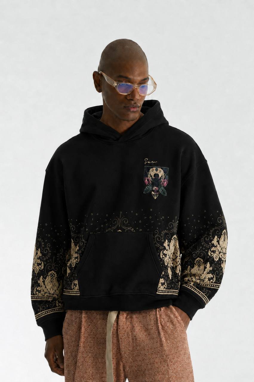 Bee Oversize Kesim Özel Tasarım Unisex Hoodie - Siyah - Görsel 2