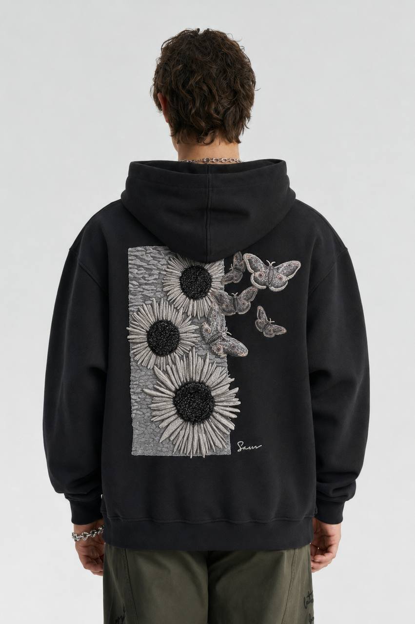 Butterfly Oversize Kesim Özel Tasarım Unisex Hoodie - Siyah