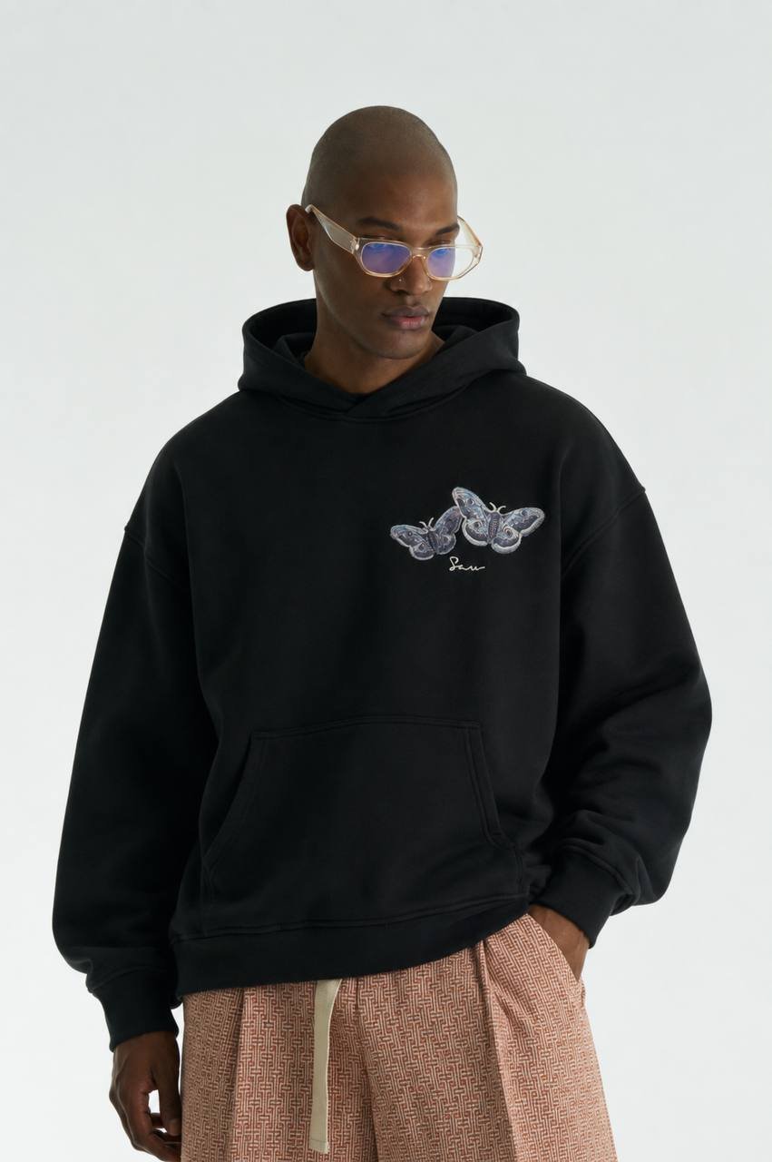 Butterfly Oversize Kesim Özel Tasarım Unisex Hoodie - Siyah - Görsel 2