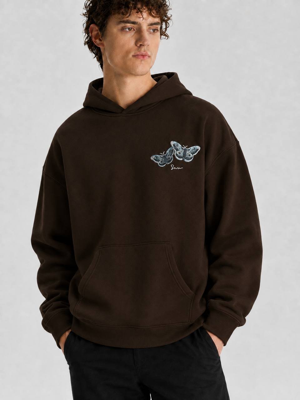 Butterfly Oversize Kesim Özel Tasarım Unisex Hoodie - Kahverengi - Görsel 2