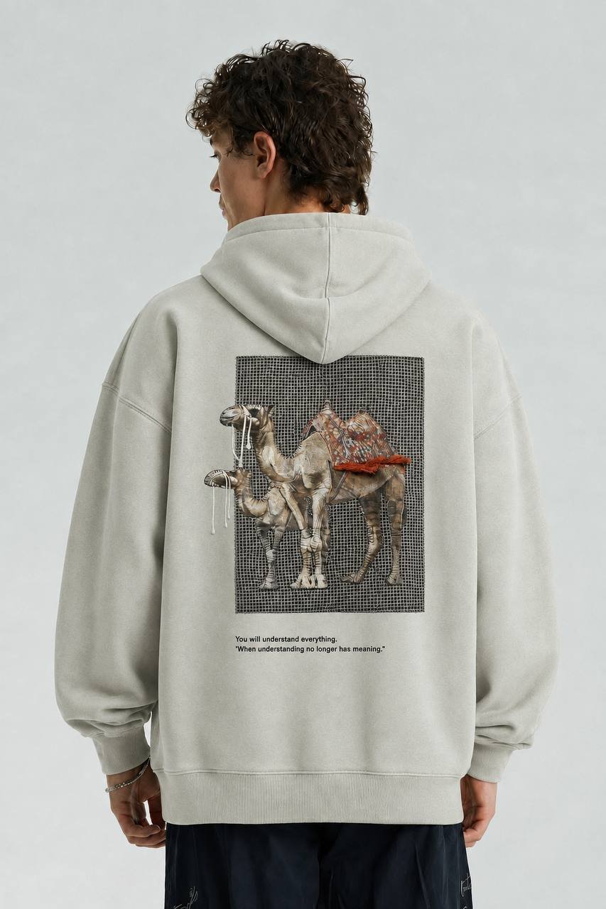 Camel Oversize Kesim Özel Tasarım Unisex Hoodie - Krem