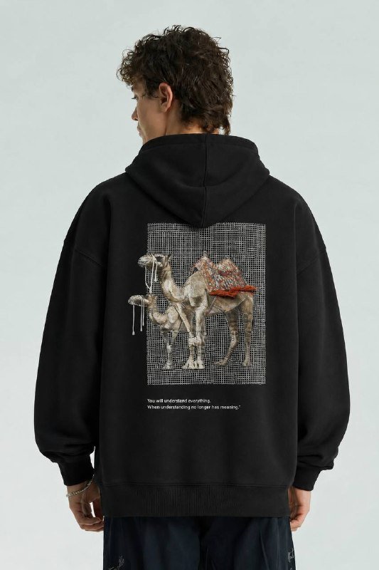 Camel Oversize Kesim Özel Tasarım Unisex Hoodie - Siyah