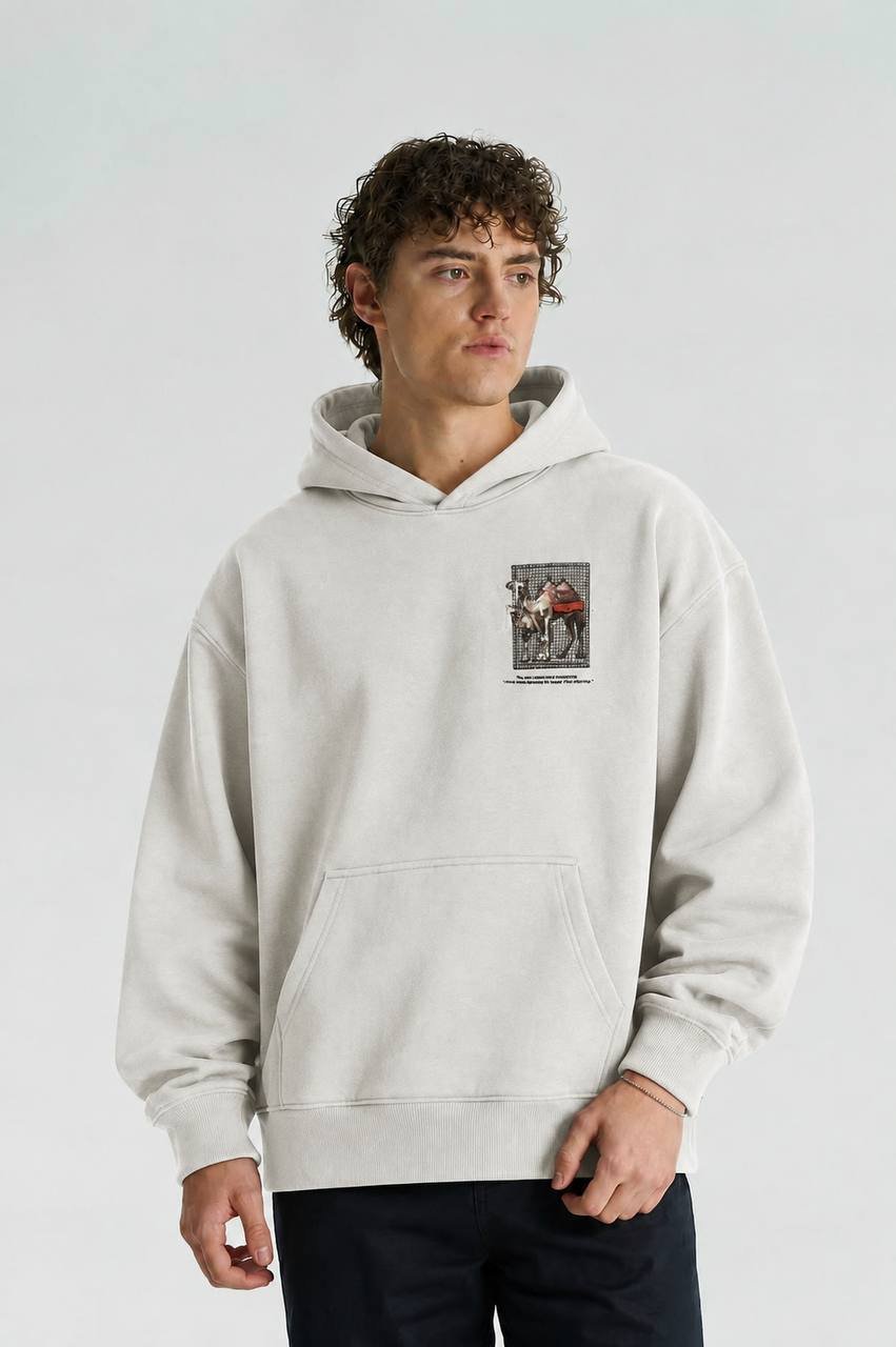 Camel Oversize Kesim Özel Tasarım Unisex Hoodie - Krem - Görsel 2