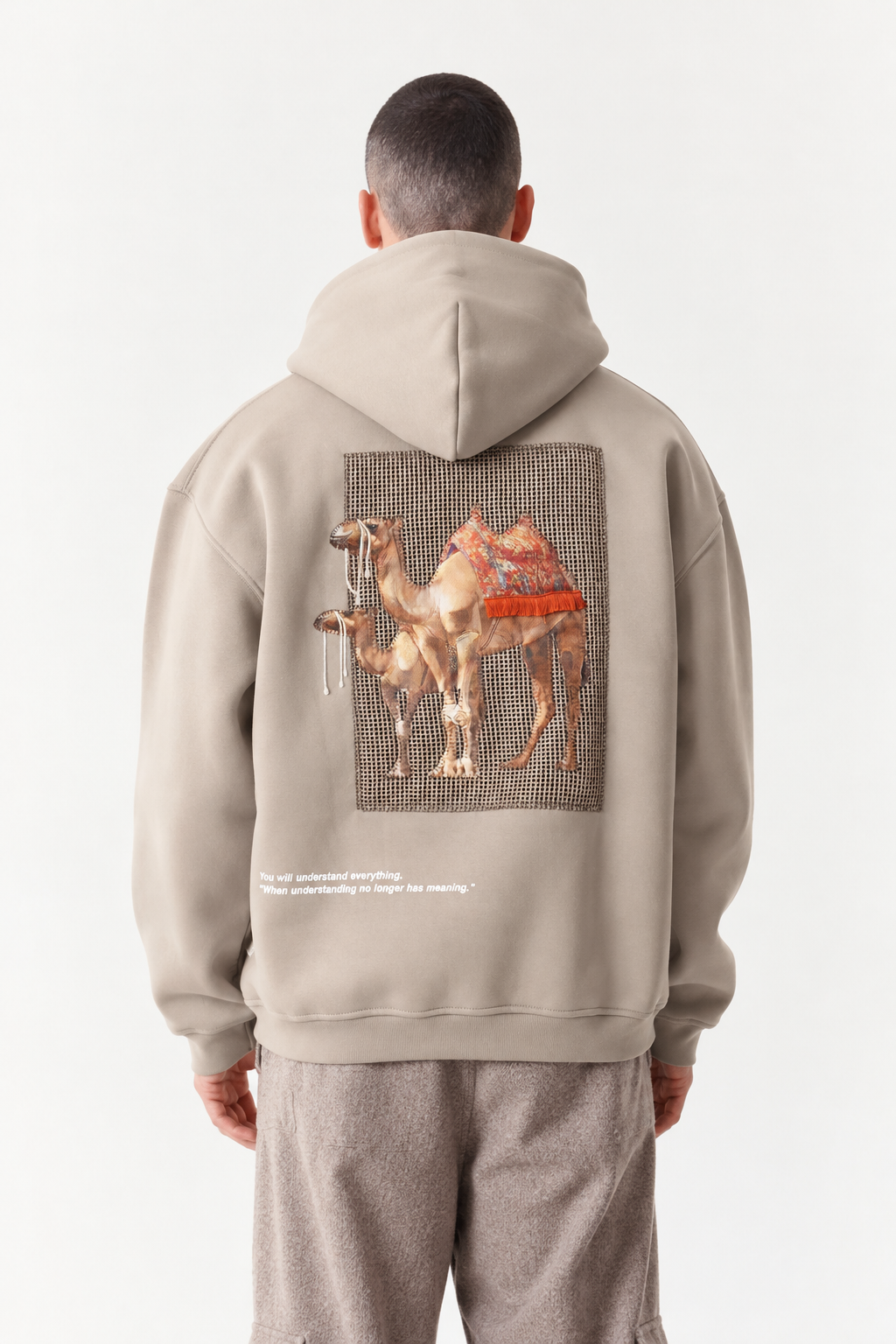 Camel Oversize Kesim Özel Tasarım Unisex Hoodie - Krem