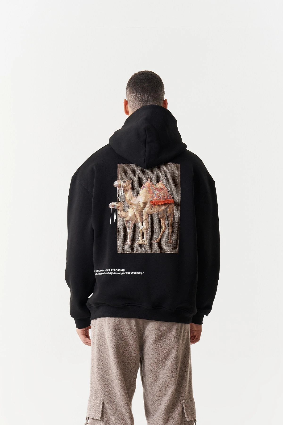 Camel Oversize Kesim Özel Tasarım Unisex Hoodie - Siyah - Görsel 3