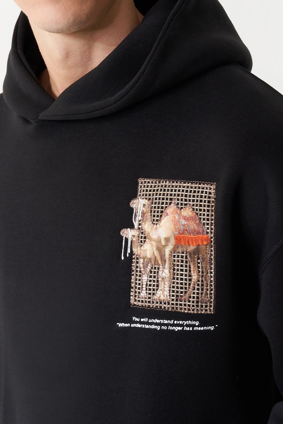 Camel Oversize Kesim Özel Tasarım Unisex Hoodie - Siyah - Görsel 4