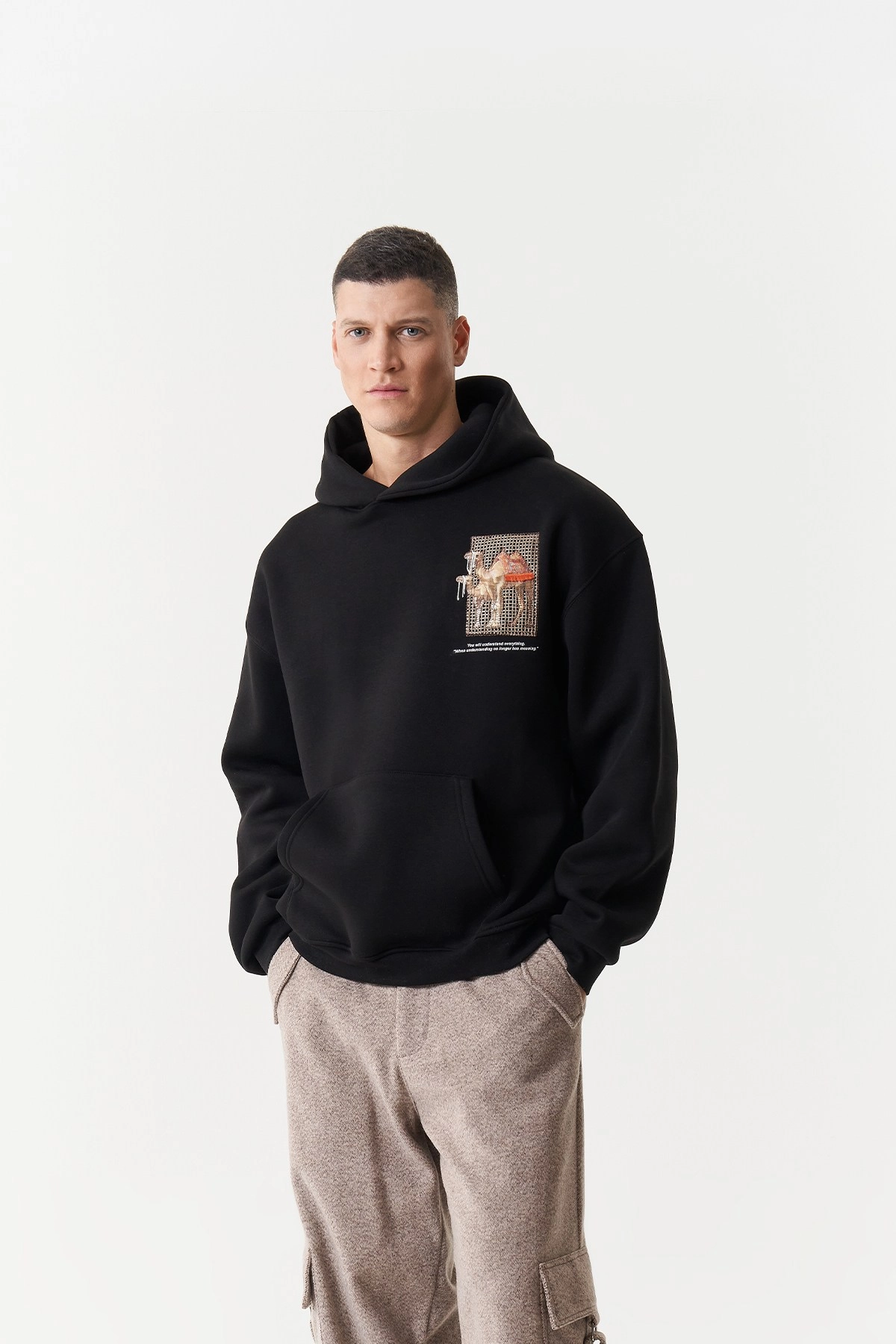 Camel Oversize Kesim Özel Tasarım Unisex Hoodie - Siyah - Görsel 5