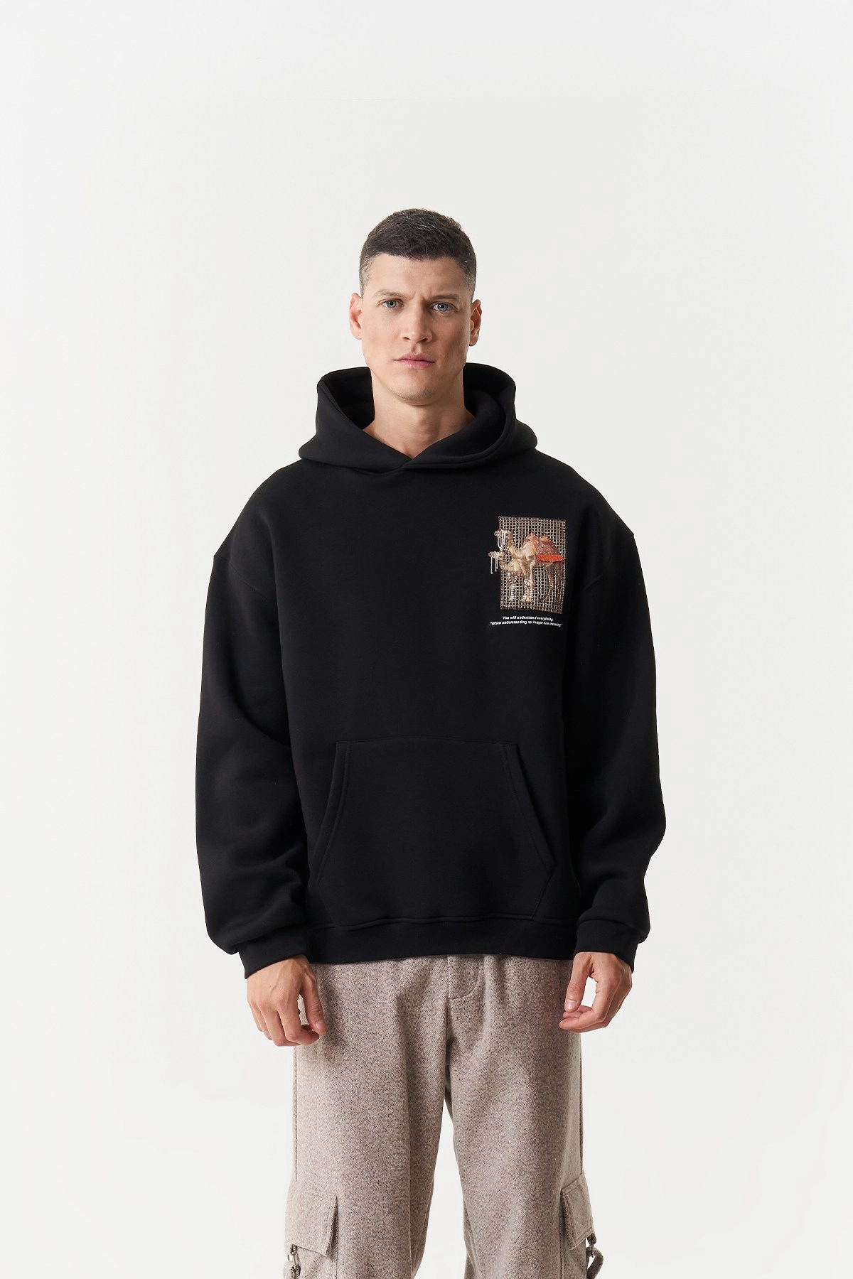 Camel Oversize Kesim Özel Tasarım Unisex Hoodie - Siyah - Görsel 6