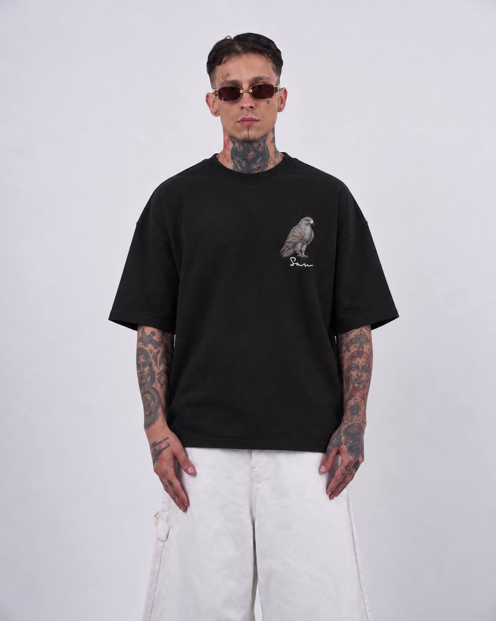 Eagle Oversize Kesim Özel Tasarım Unisex Tişört - Siyah - Görsel 2