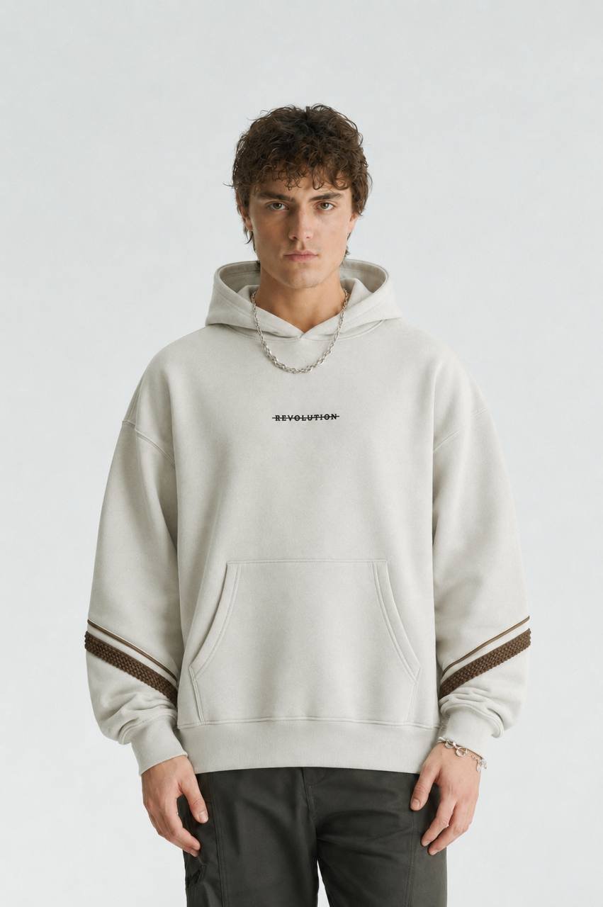 Evo Oversize Kesim Özel Tasarım Unisex Hoodie - Krem - Görsel 2