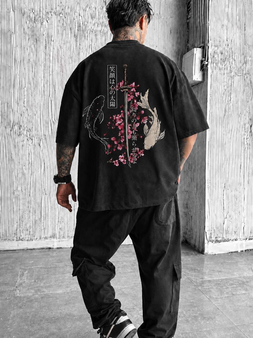 Fish Oversize Kesim Unisex Tişört - Siyah - Görsel 2