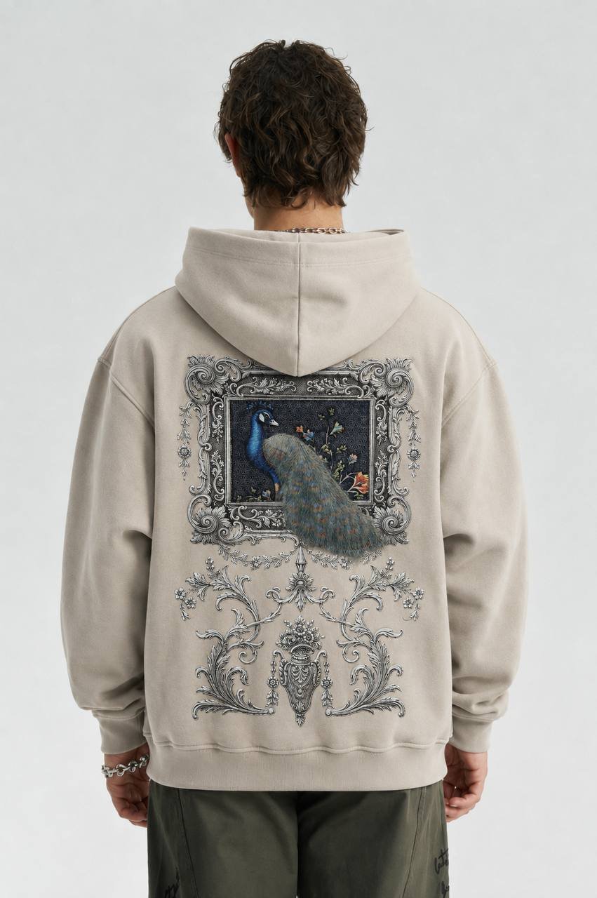 Hawk Oversize Kesim Özel Tasarım Unisex Hoodie - Krem