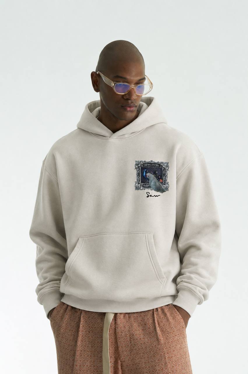Hawk Oversize Kesim Özel Tasarım Unisex Hoodie - Krem - Görsel 2