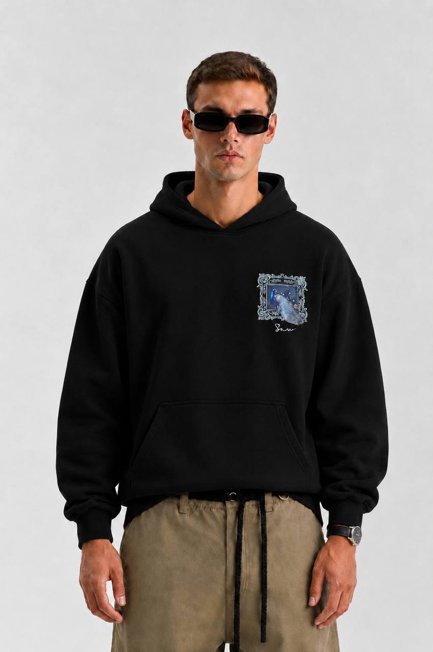 Hawk Oversize Kesim Özel Tasarım Unisex Hoodie - Siyah - Görsel 2