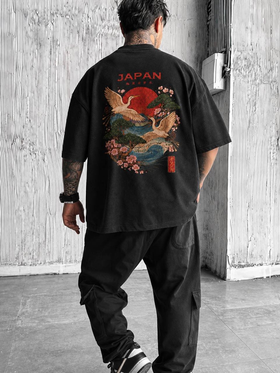 Japan Oversize Kesim Unisex Tişört - Siyah - Görsel 2