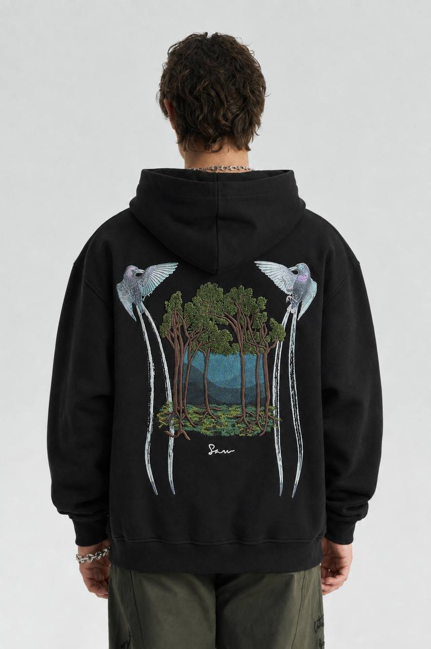 Jungle Oversize Kesim Özel Tasarım Unisex Hoodie - Siyah