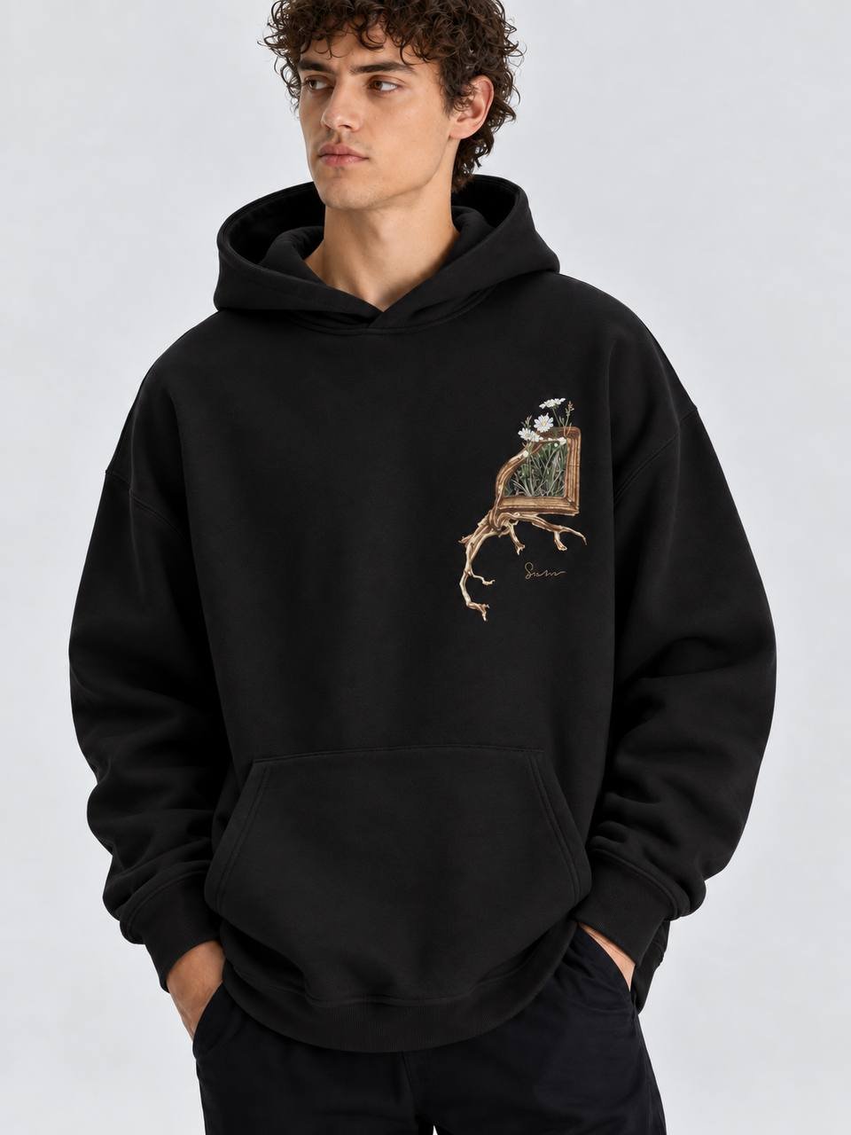 Limb Oversize Kesim Özel Tasarım Unisex Hoodie - Siyah - Görsel 2