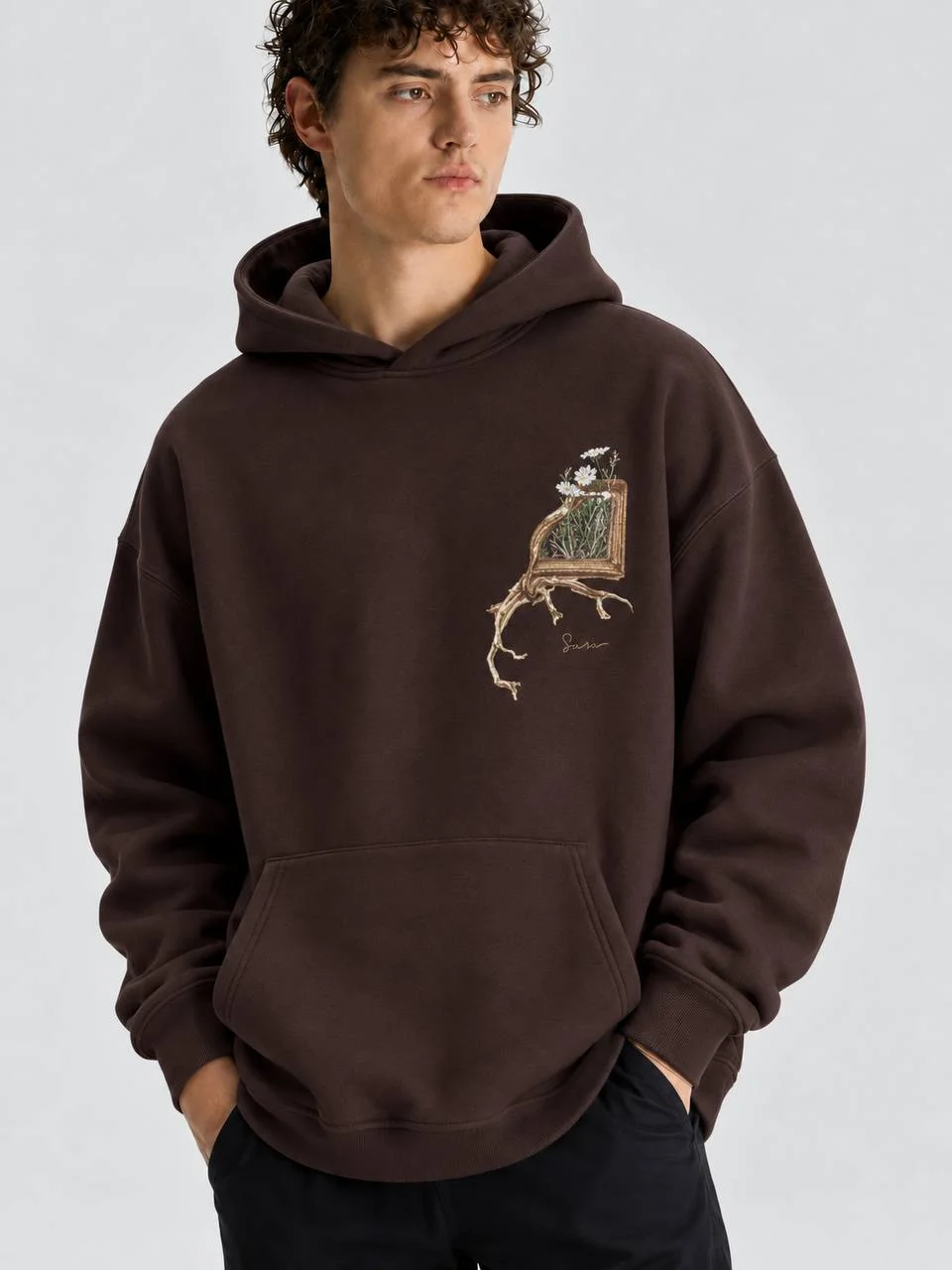 Limb Oversize Kesim Özel Tasarım Unisex Hoodie - Kahverengi - Görsel 2