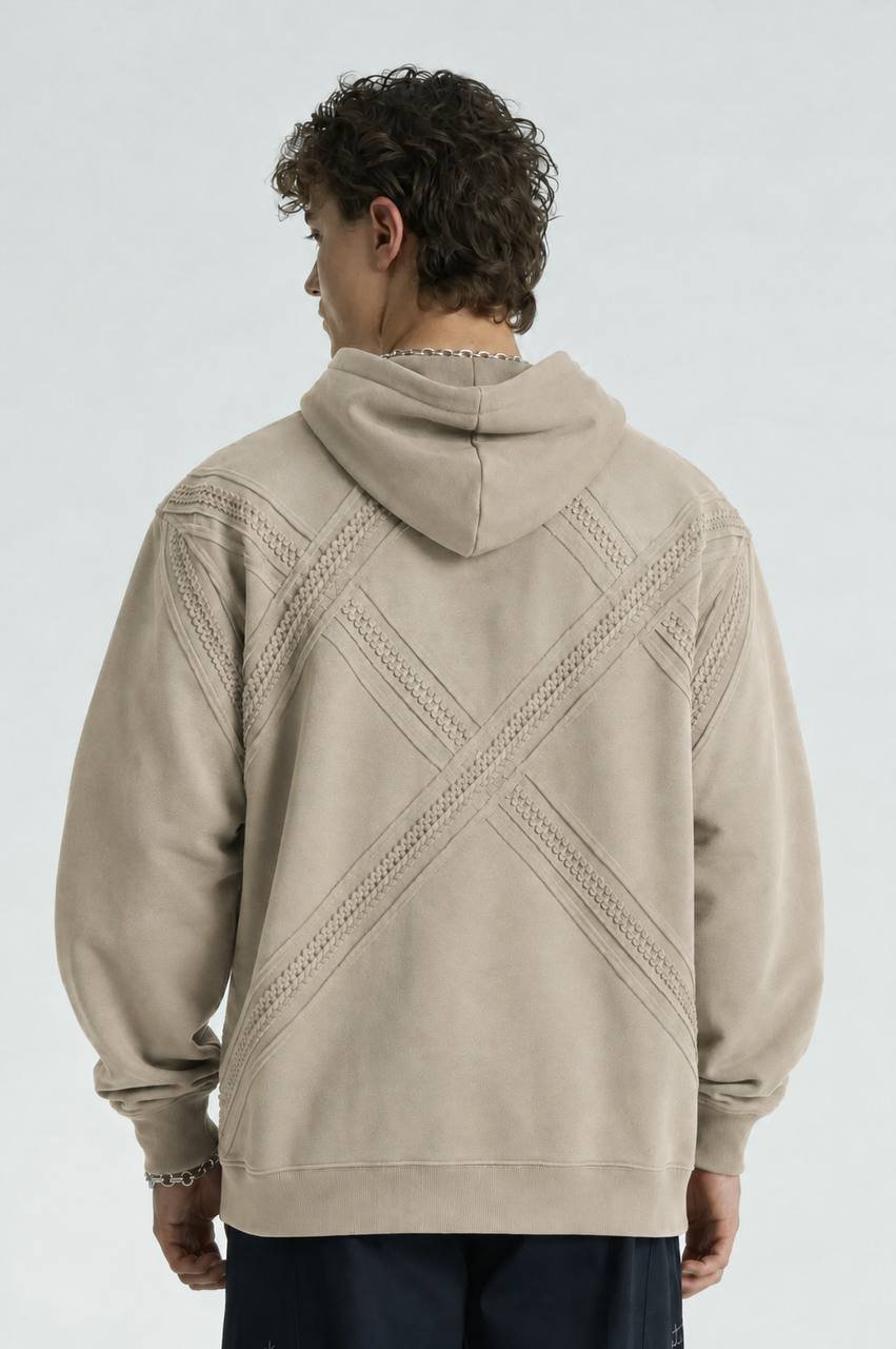 Line Oversize Kesim Özel Tasarım Unisex Hoodie - Krem