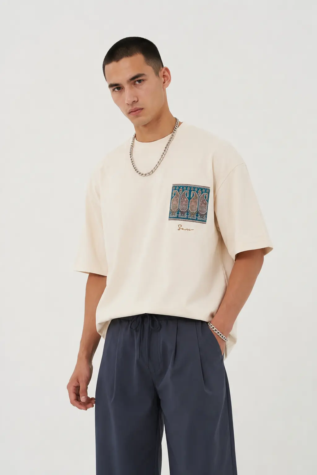 Lurk Oversize Kesim Özel Tasarım Erkek Tişört - Beyaz - Görsel 2