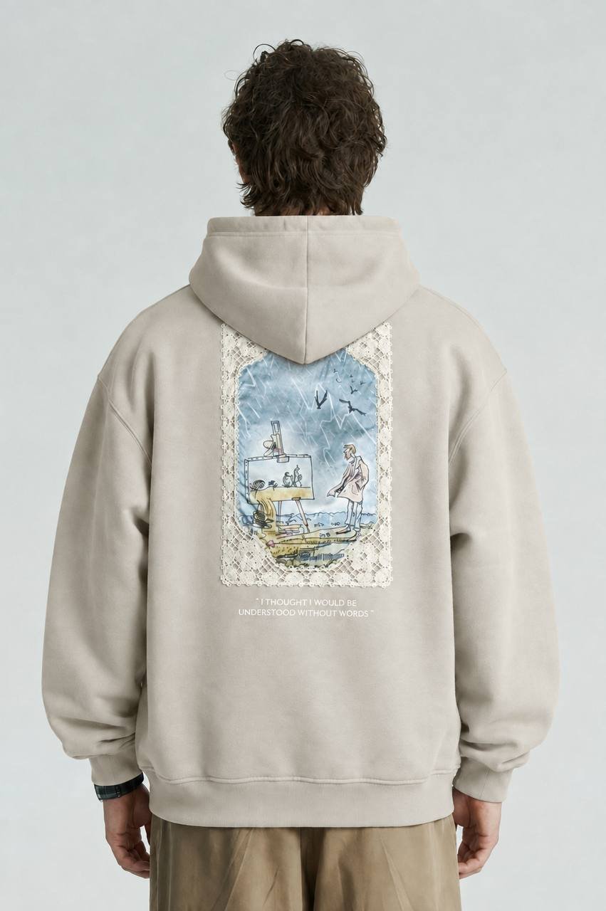 Lyon Oversize Kesim Özel Tasarım Unisex Hoodie - Krem