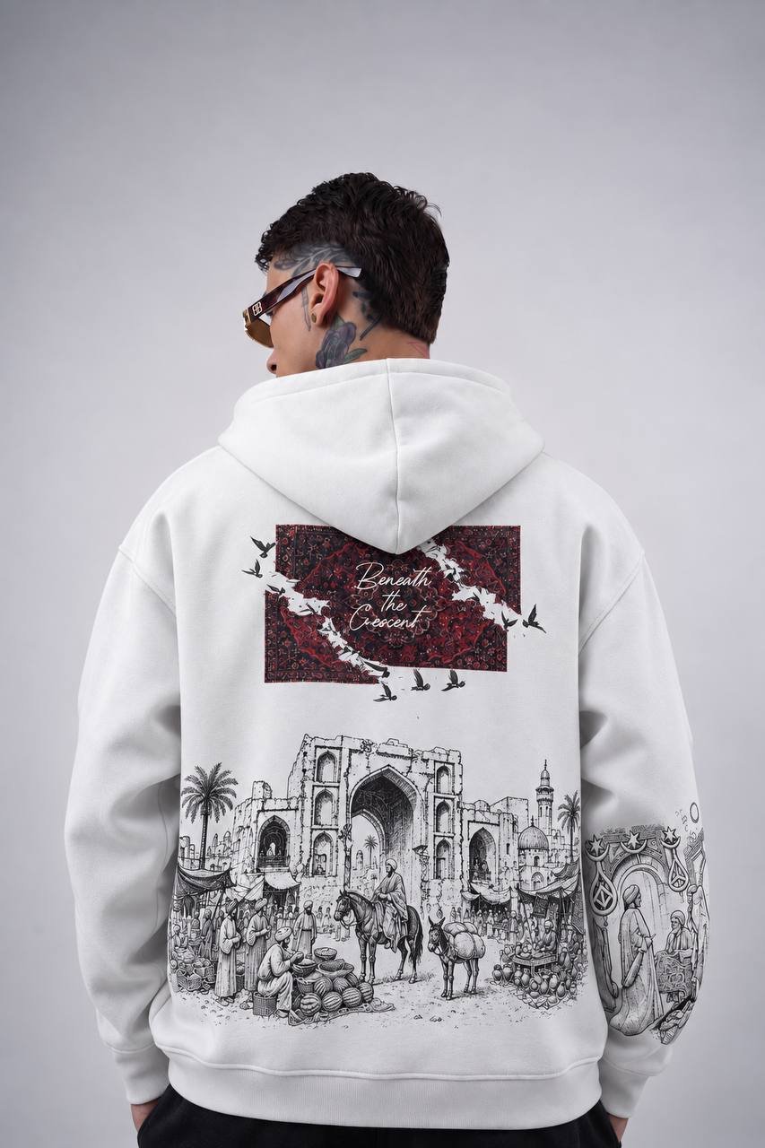 Mirage Oversize Kesim Özel Tasarım Unisex Hoodie - Beyaz