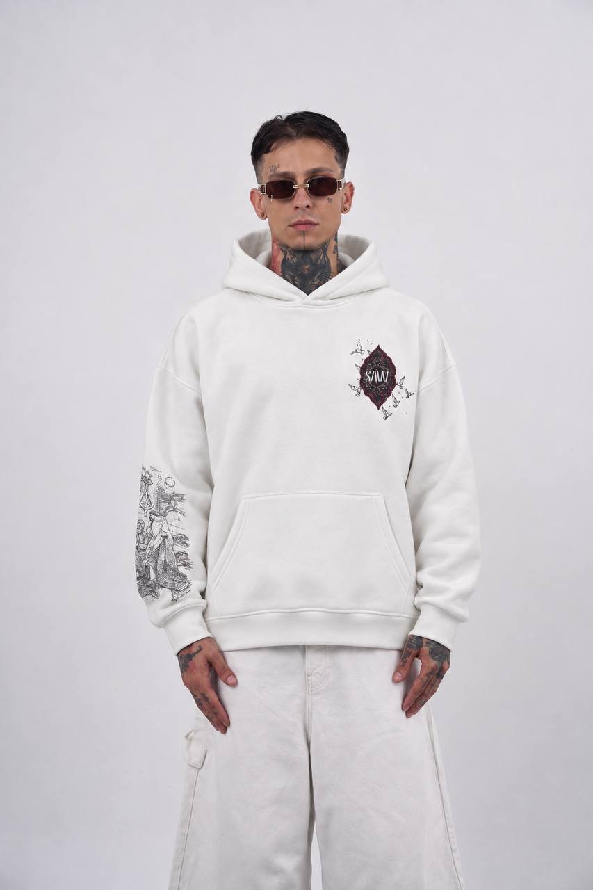 Mirage Oversize Kesim Özel Tasarım Unisex Hoodie - Beyaz - Görsel 2