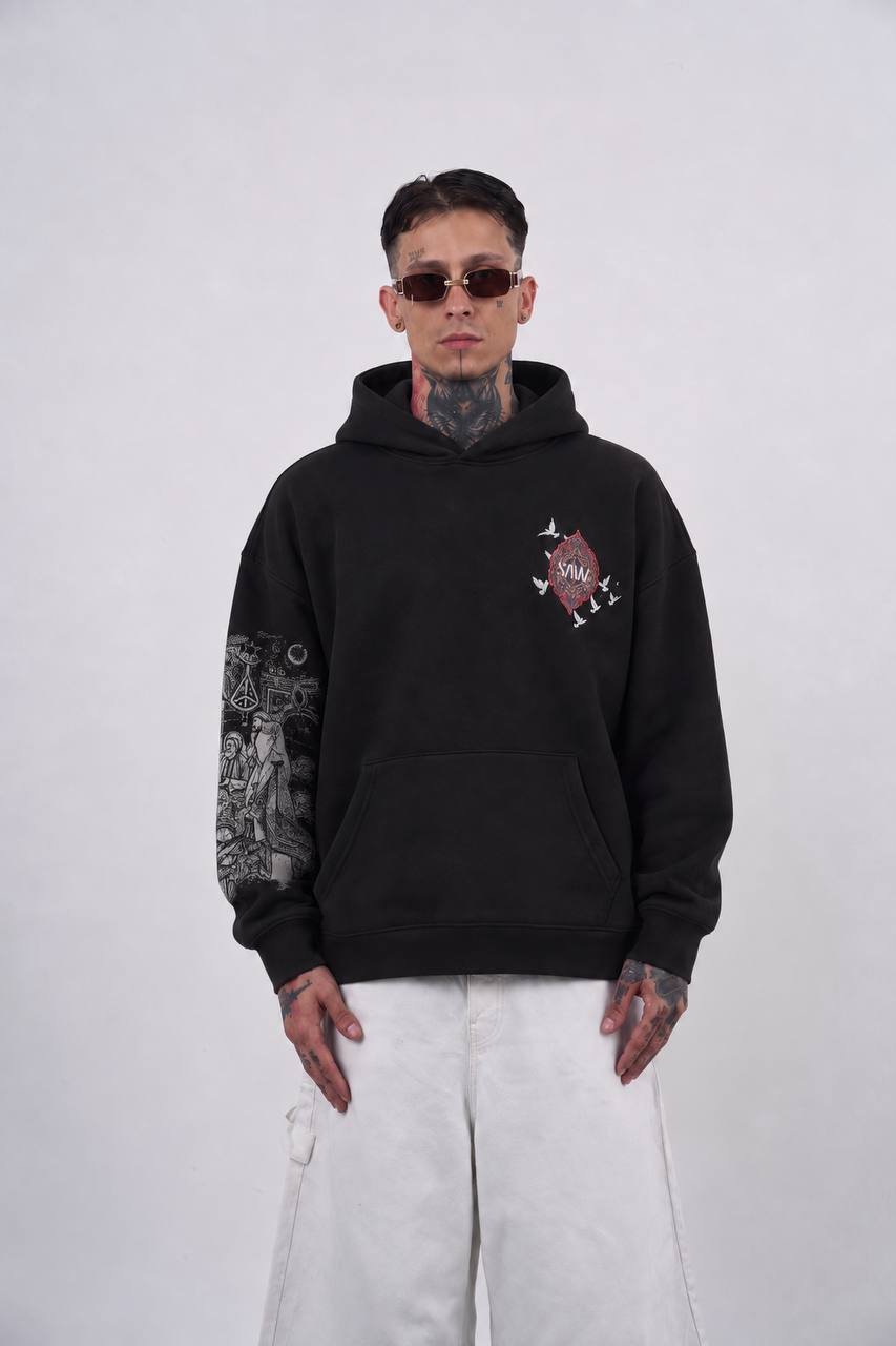 Mirage Oversize Kesim Özel Tasarım Unisex Hoodie - Siyah - Görsel 2
