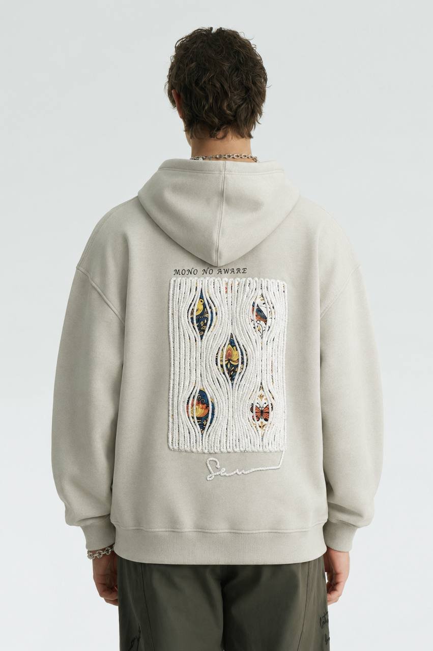 Mono Oversize Kesim Özel Tasarım Unisex Hoodie - Krem
