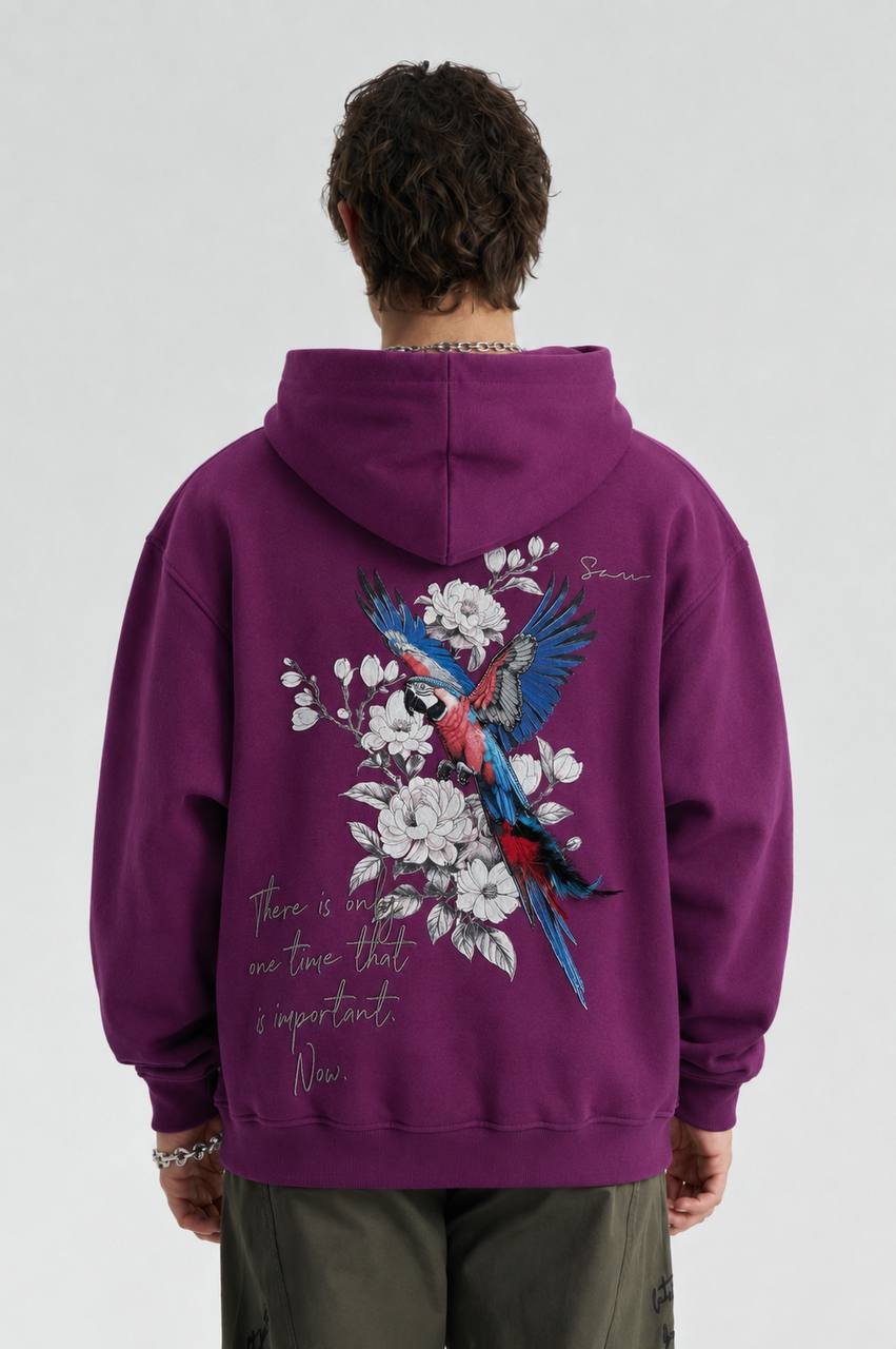 Parrot Oversize Kesim Özel Tasarım Unisex Hoodie - Mor