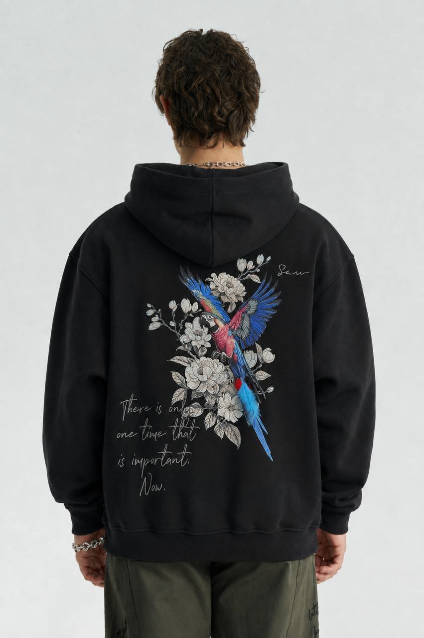 Parrot Oversize Kesim Özel Tasarım Unisex Hoodie - Siyah