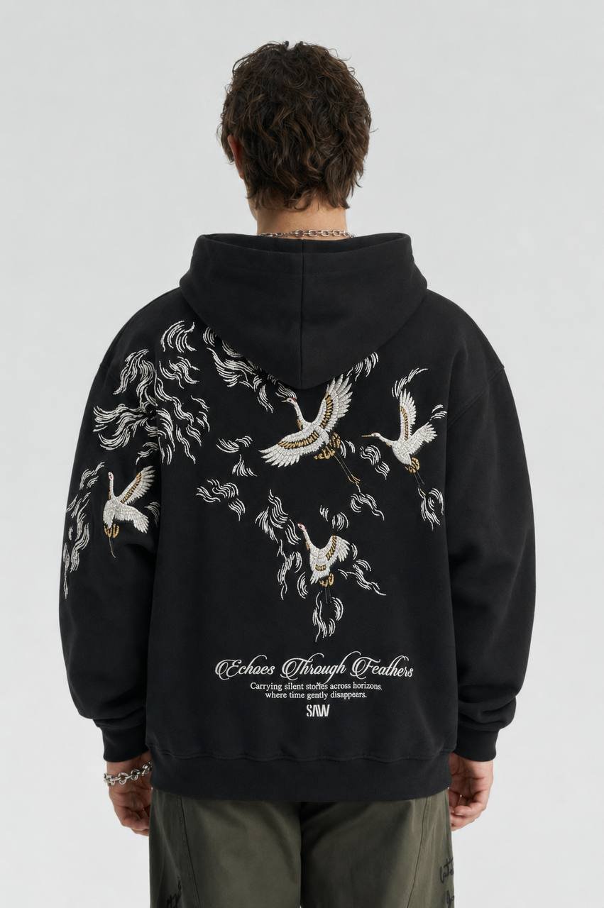 Pelican Oversize Kesim Özel Tasarım Unisex Hoodie - Siyah