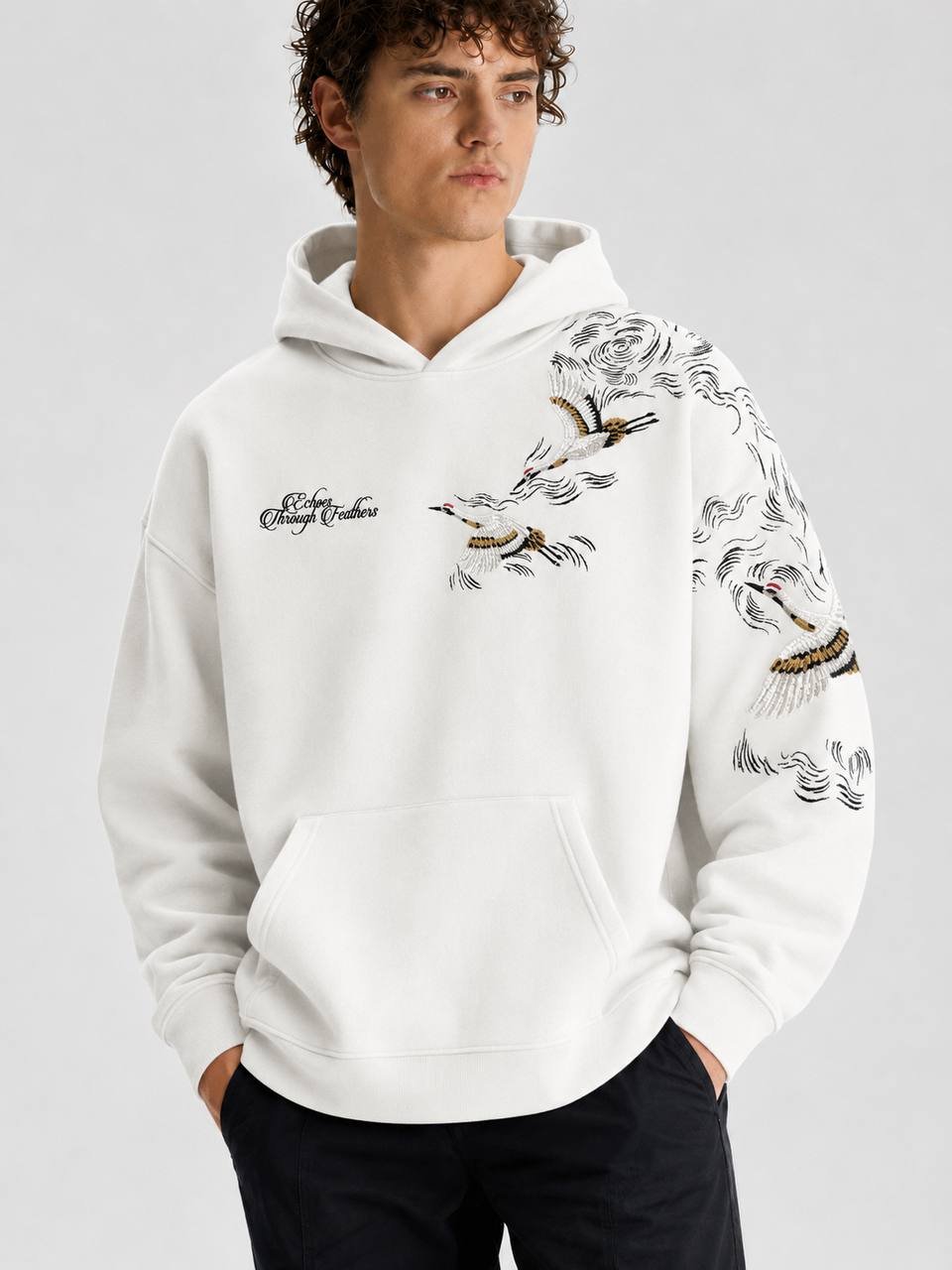 Pelican Oversize Kesim Özel Tasarım Unisex Hoodie - Beyaz - Görsel 2