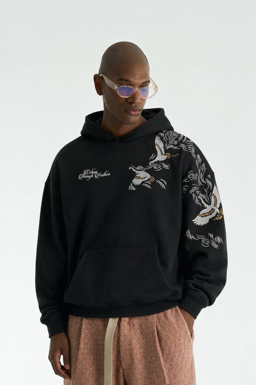 Pelican Oversize Kesim Özel Tasarım Unisex Hoodie - Siyah - Görsel 2