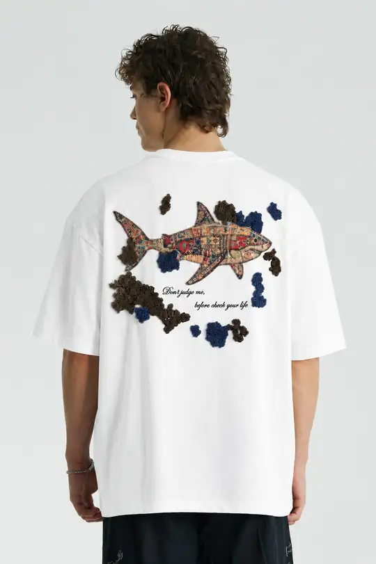 Shark Oversize Kesim Özel Tasarım Erkek Tişört - Beyaz