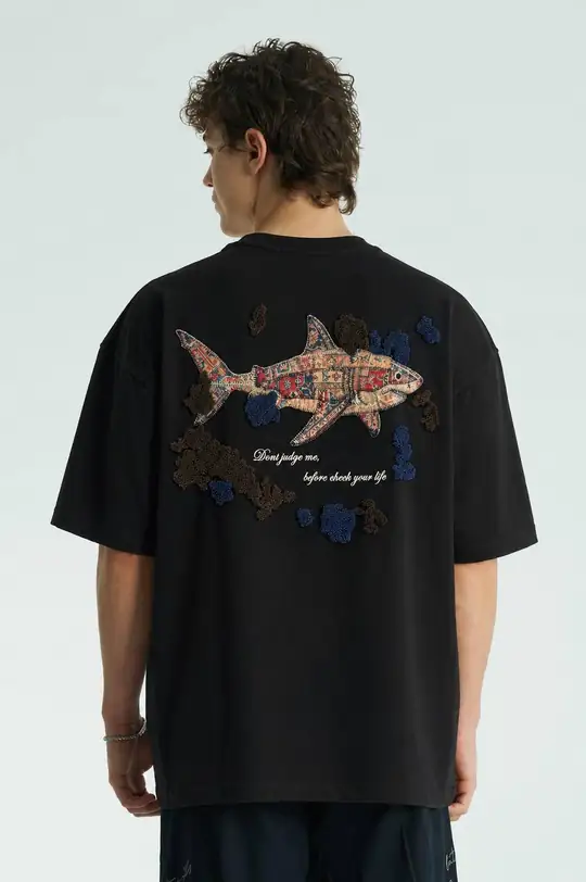 Shark Oversize Kesim Özel Tasarım Erkek Tişört - Siyah - Görsel 2