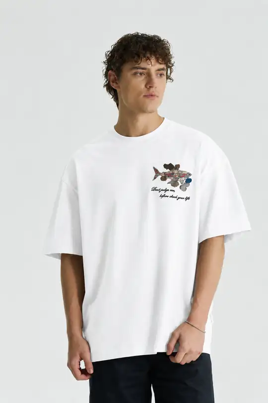 Shark Oversize Kesim Özel Tasarım Erkek Tişört - Beyaz - Görsel 2