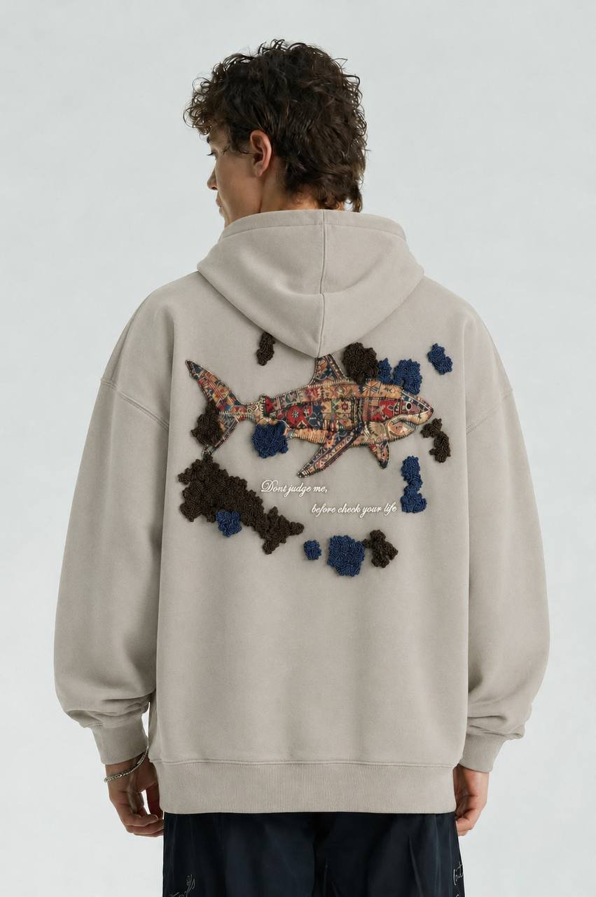 Shark Oversize Kesim Özel Tasarım Unisex Hoodie - Krem