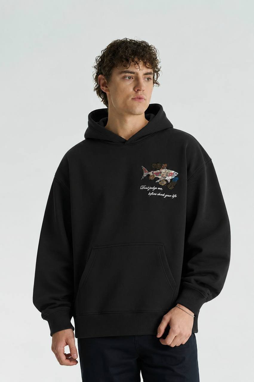 Shark Oversize Kesim Özel Tasarım Unisex Hoodie - Siyah - Görsel 2
