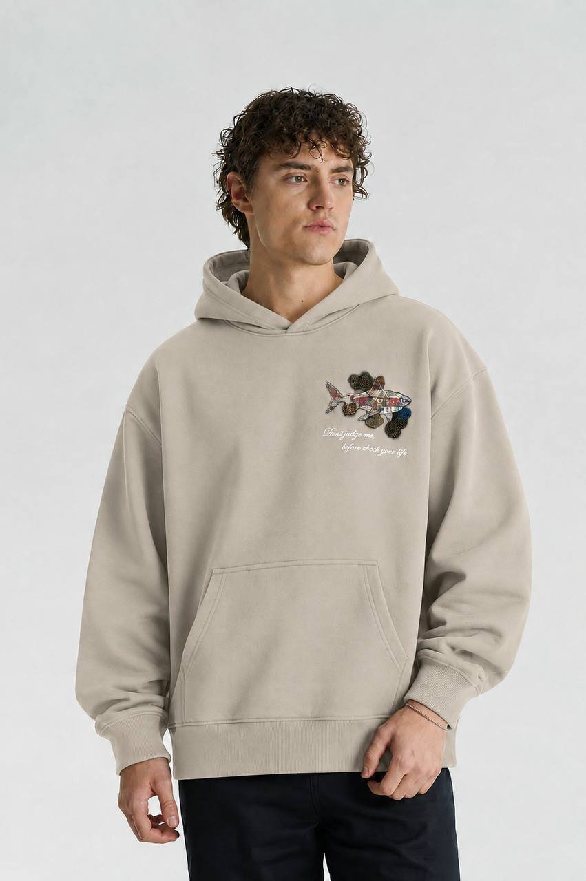 Shark Oversize Kesim Özel Tasarım Unisex Hoodie - Krem - Görsel 2