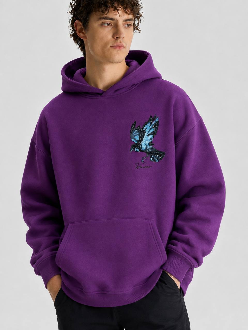Soju Oversize Kesim Özel Tasarım Unisex Hoodie - Mor - Görsel 2
