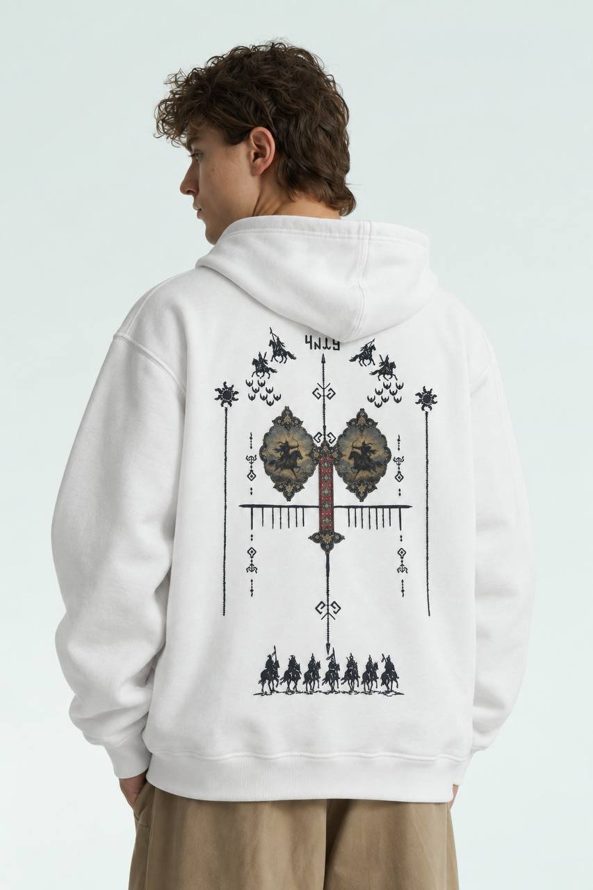 Türk Oversize Kesim Özel Tasarım Unisex Hoodie %40 - Beyaz