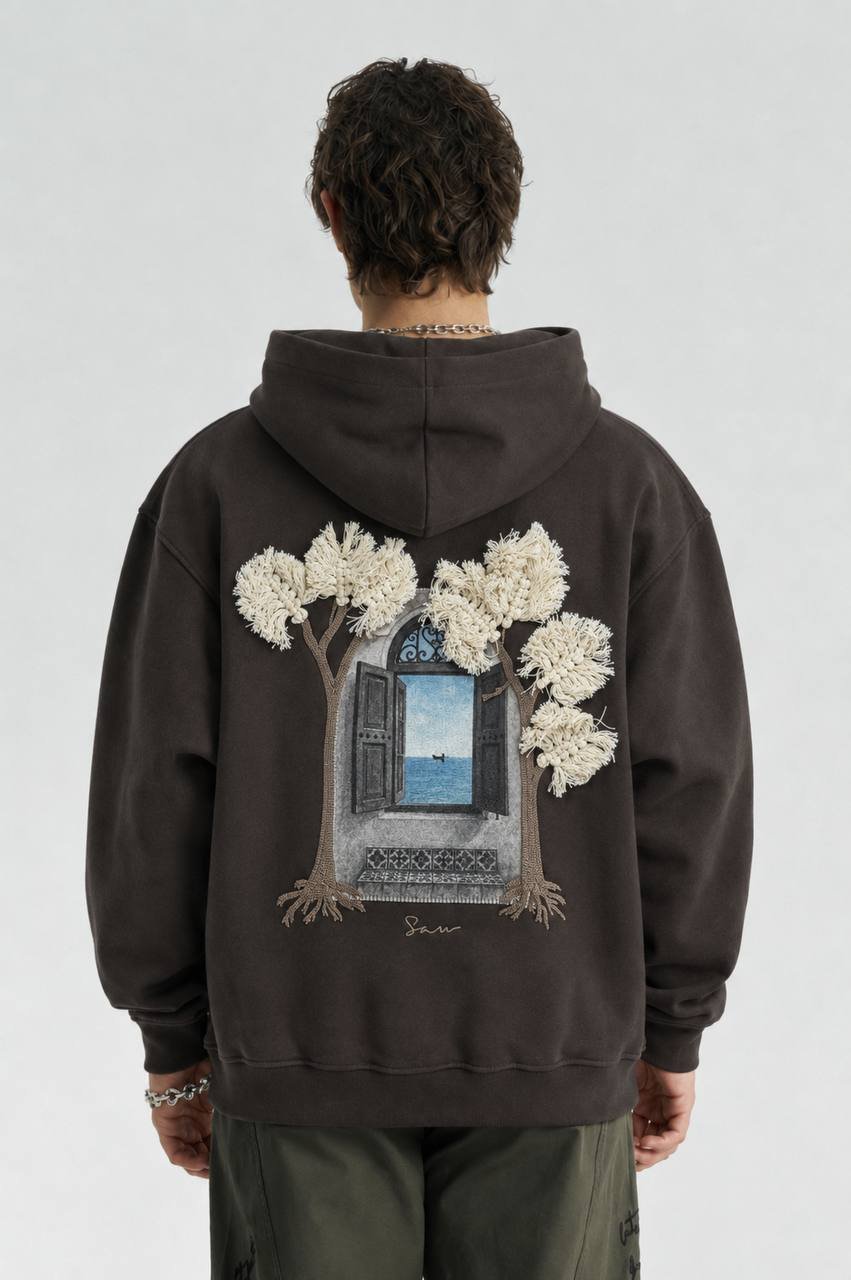 Wind Oversize Kesim Özel Tasarım Unisex Hoodie - Kahverengi