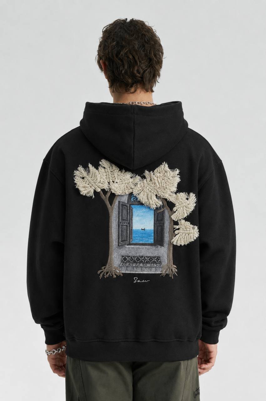 Wind Oversize Kesim Özel Tasarım Unisex Hoodie - Siyah