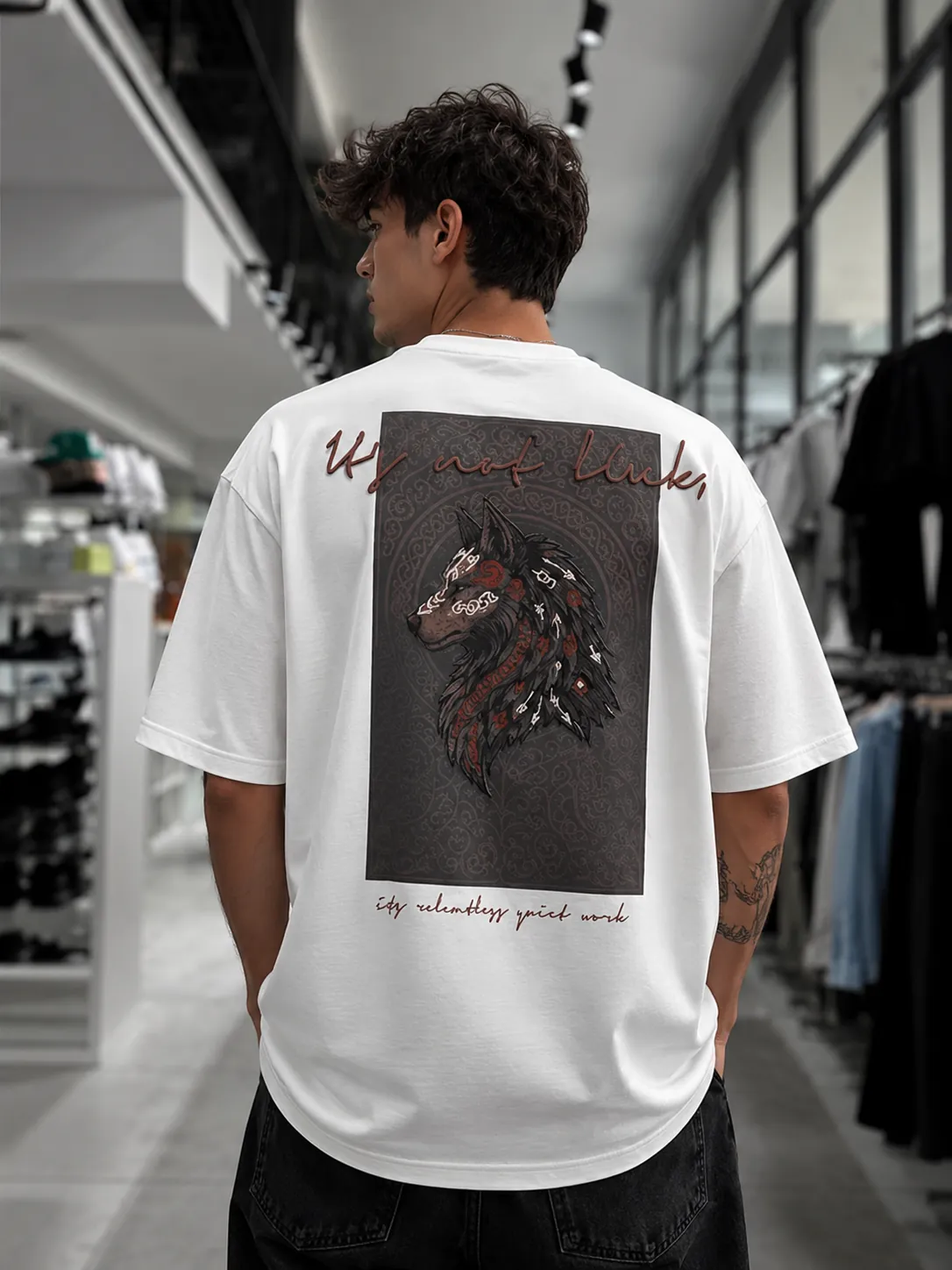 Wolf Desenli Oversize Kesim Özel Tasarım Erkek Tişört - Beyaz