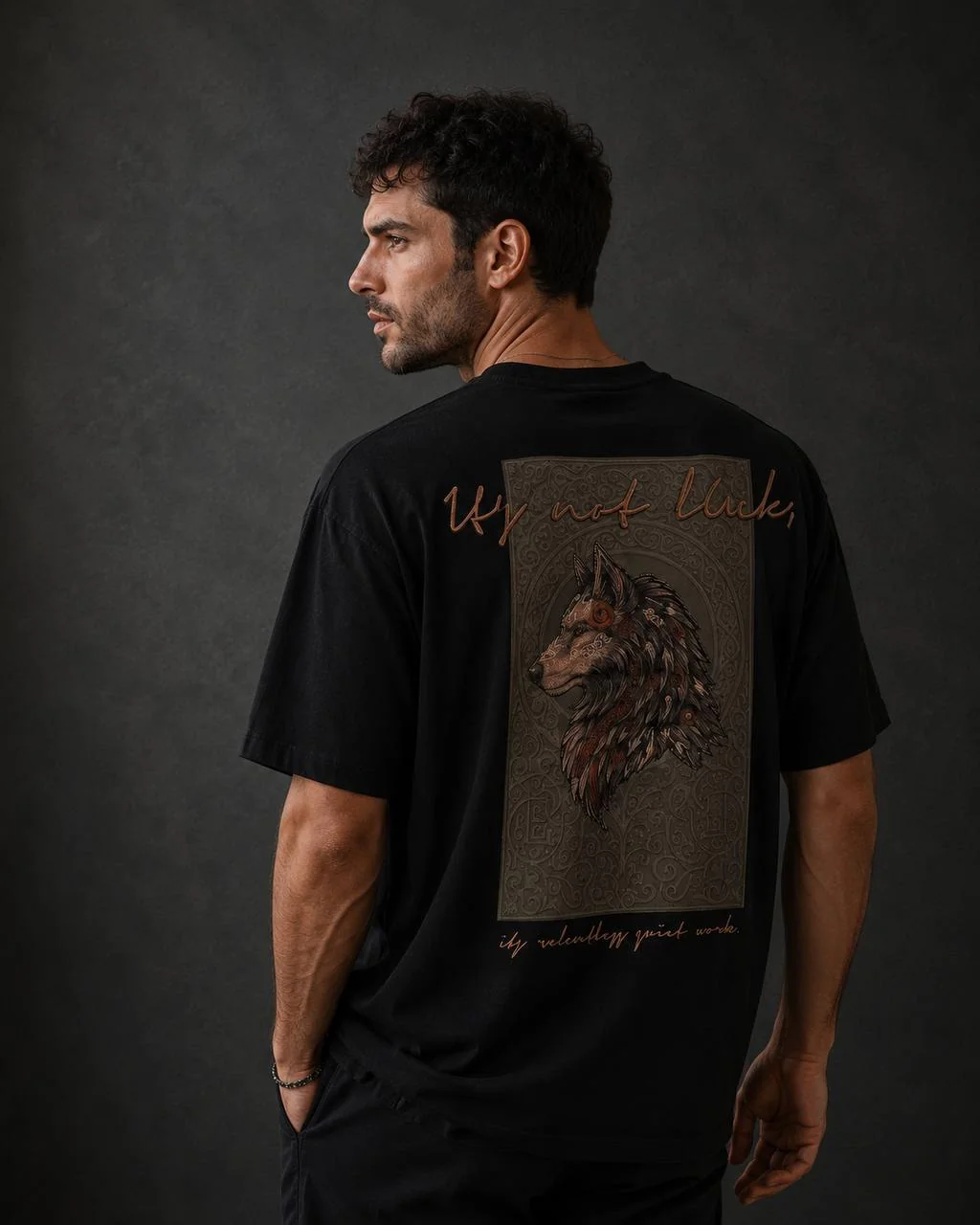 Wolf Desenli Oversize Kesim Özel Tasarım Erkek Tişört - Siyah - Görsel 2