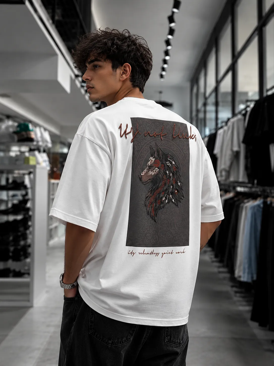 Wolf Desenli Oversize Kesim Özel Tasarım Erkek Tişört - Beyaz - Görsel 2